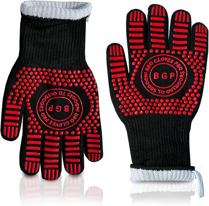 Red BBQ Gloves, 1472°F Heat Resistant, 13.4-Inch Non-Slip Silicone Kitchen Safety Gloves for Cooking and Grilling