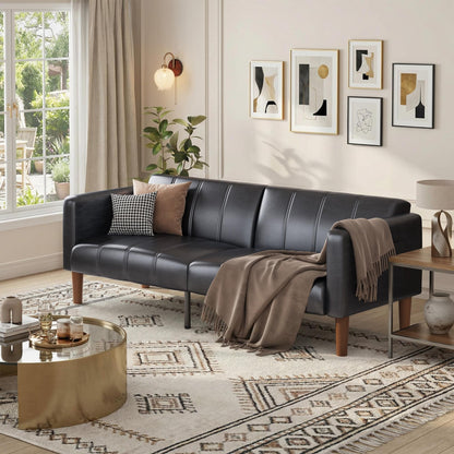 75 in Futon Sofa Bed, Faux Leather Convertible Couch with Adjustable Backrest, Side Pocket, Mid Century Modern Loveseat Sleeper Sofa for Living Room, Bedroom, Apartment, Small Spaces, Black