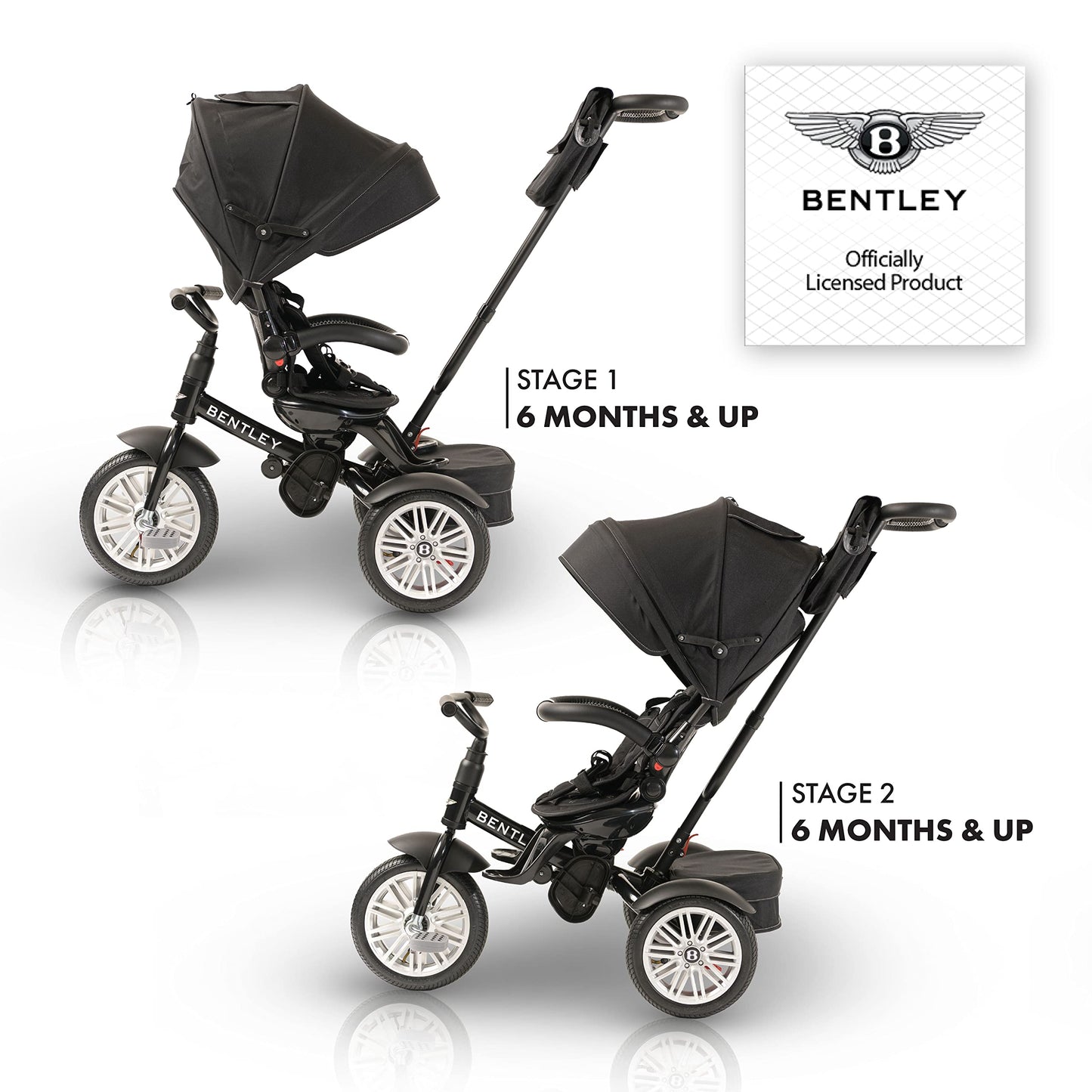 Bentley 6-in-1 Baby Stroller & Toddler Tricycle – Officially Licensed Luxury Kids Bike, Convertible Travel Strollers & Kid Trike with Air Wheels, Canopy & Safety Features (6m-5y+ | Onyx Black )