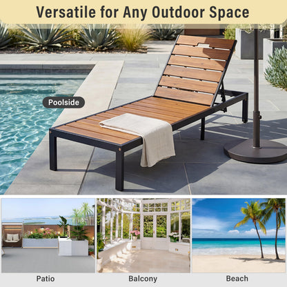 ApilithHive Outdoor Chaise Lounge with 6-Position Adjustable Backrest, Acacia Wood and Steel Frame, 78.7", 400 lbs Capacity, Black+Natural