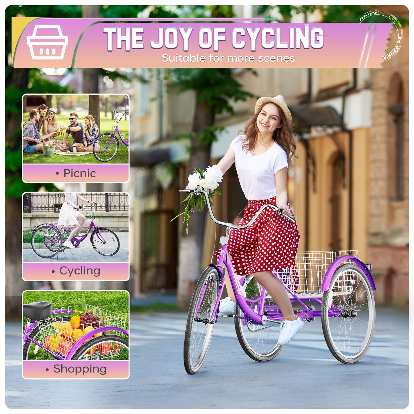MarKnig Adult Tricycle, 24 Inch 3 Wheel Bikes with Large Basket, Cruiser Bike for Women/Men/Seniors, Adult Trike for Outdoor/Shopping/Recreation/Picnic (Purple)