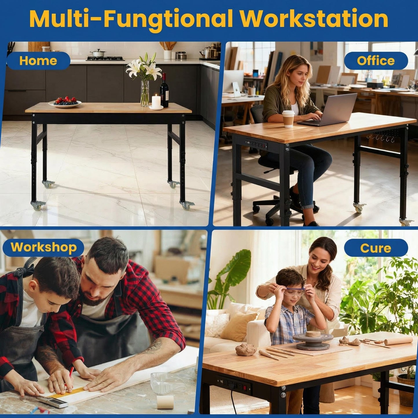 70-Inch Height Adjustable Workbench with Power Outlets, Solid Rubber Wood Top Heavy Duty Garage Tool Table, Workstation with Pegboard, Hooks and Ruler
