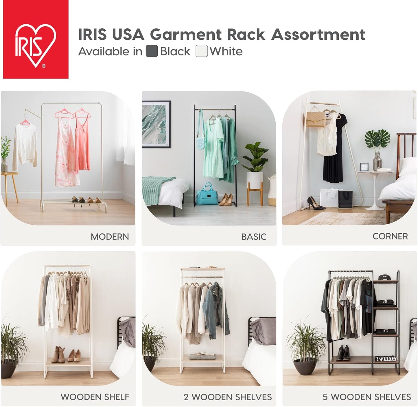 IRIS USA Clothes Rack with 4 Metal Shelves, Freestanding Clothing Racks for Easy Assembly and Storage