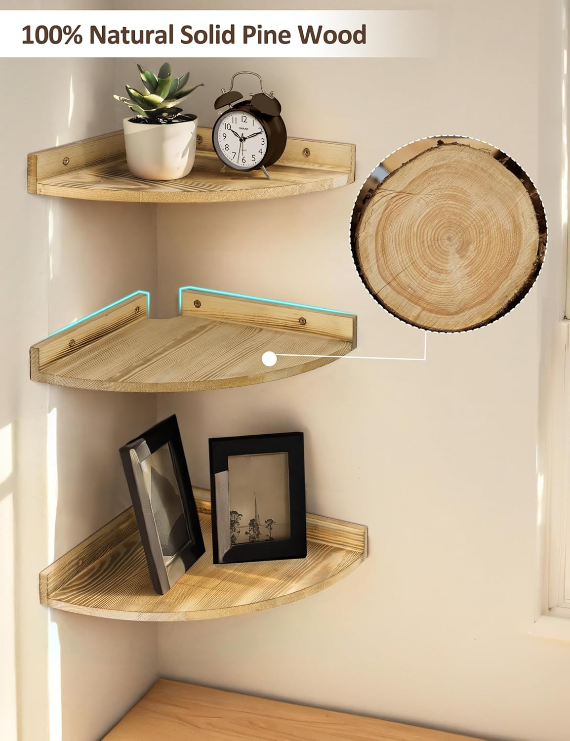 12x12 Inch Corner Shelves Wall Mount, Farmhouse Rustic Corner Floating Shelf with Cord Hole, Wooden Storage Organizer