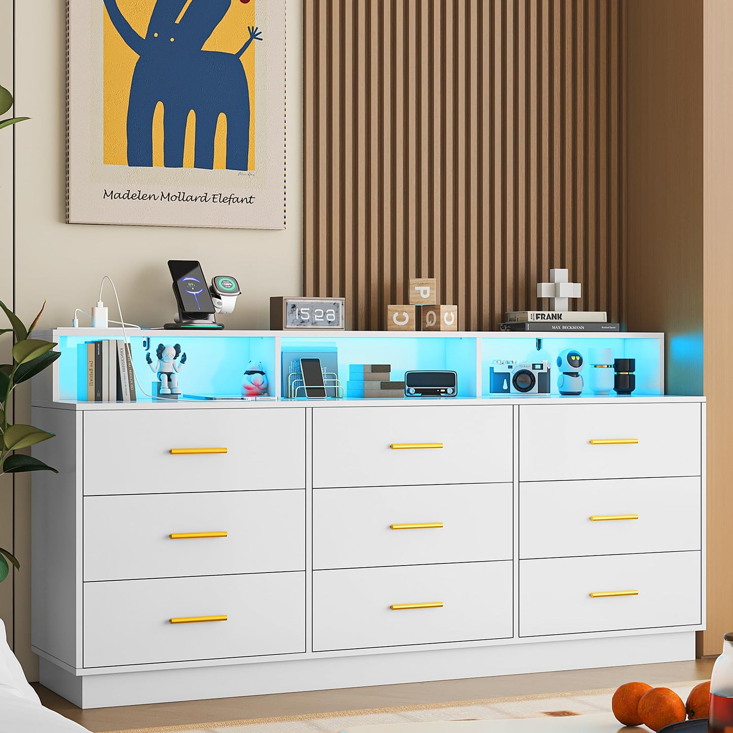 UNIQUITE White 9 Drawer Dressers for Bedroom, Modern Large Dresser with LED Light and Power Outlet, Wooden Long Dresser for Bedroom, Entryway, Hallway