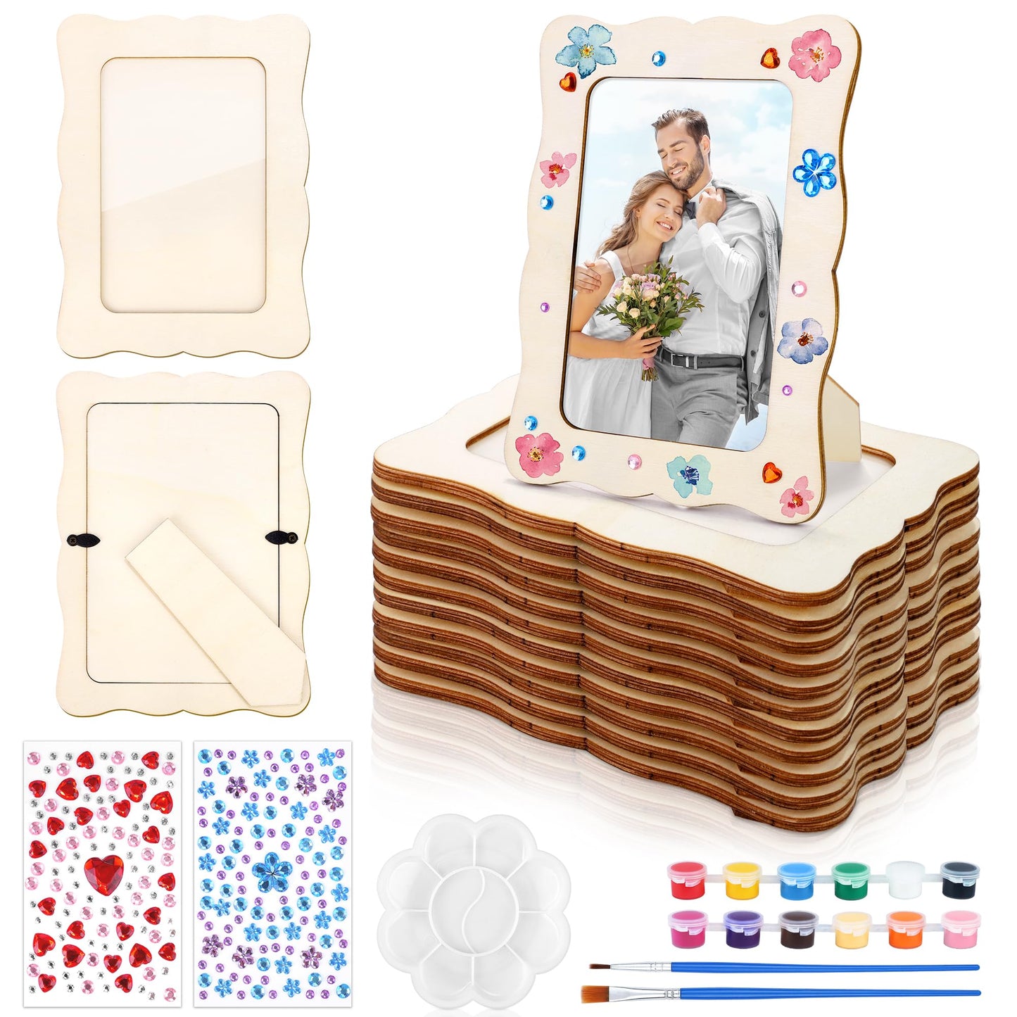 Fovths 12 Pcs Wooden Picture Frames, 7.5" x 5.5" Unfinished Wood Photo Frames with Stand, DIY Wooden Craft Frame with Stickers Painting Tools for Craft Paint and Decorate, Tabletop Display