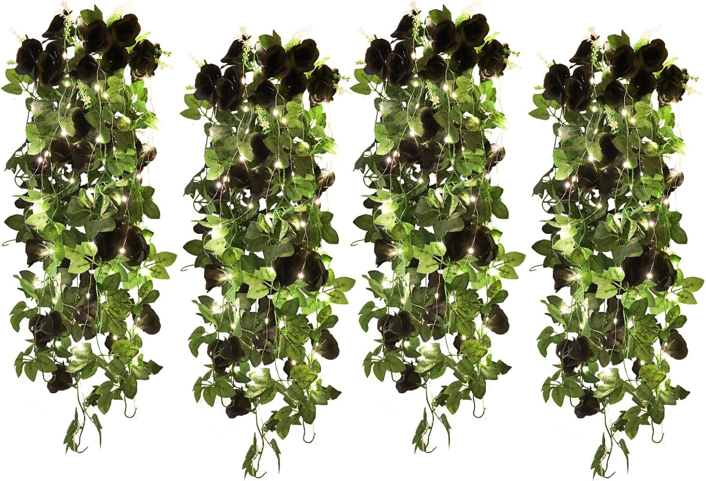 RECUTMS 4 Pieces Artificial Hanging Rose Flower 3.3Ft with 30 LED Fairy String Lights for Indoor Outdoor Wedding (Black)