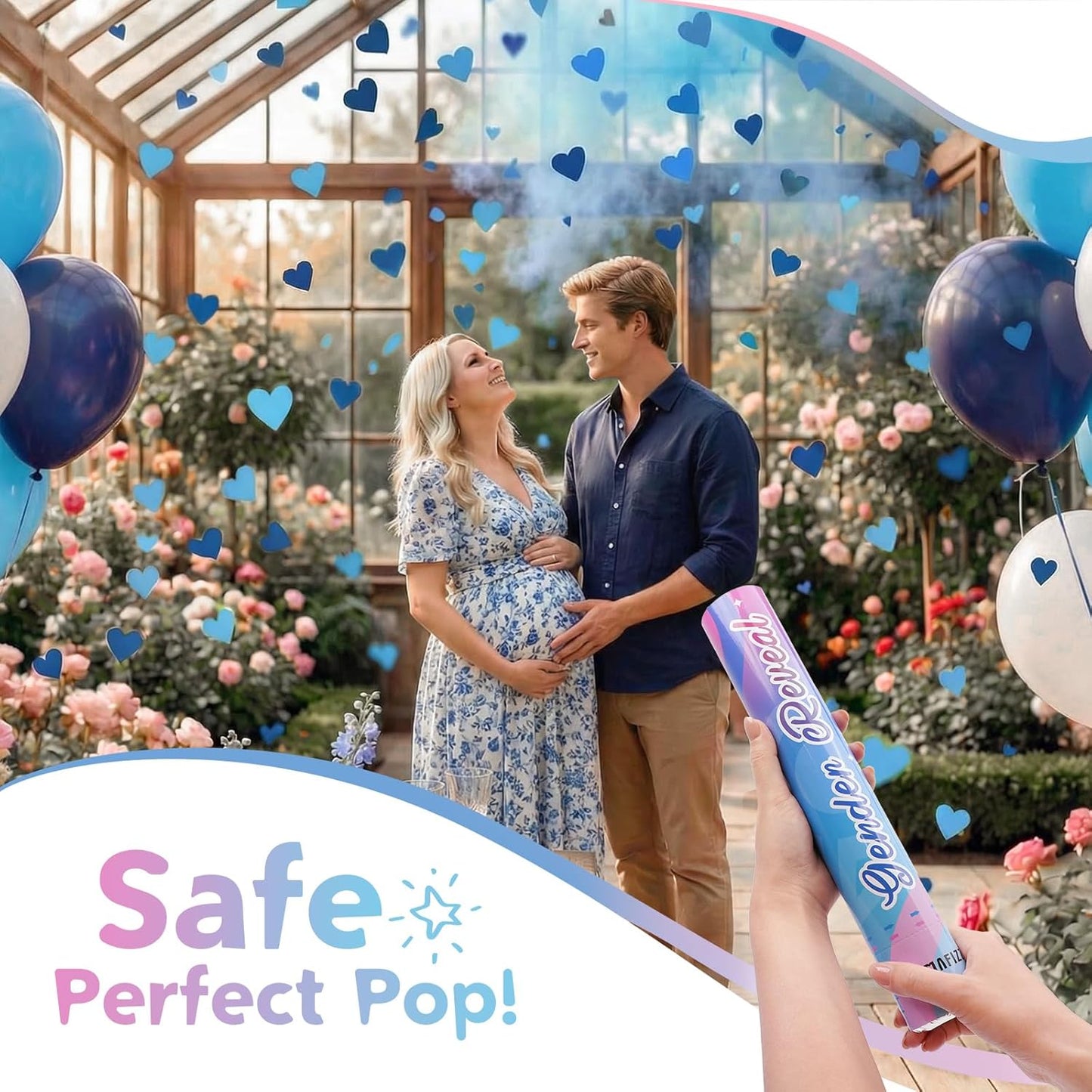 12Inches 4Pcs 4 Pack Gender Reveal Confetti Cannon - Biodegradable Powder & Heart Shaped Confetti Poppers - Blue