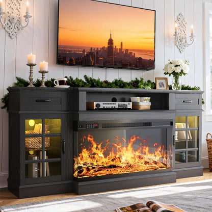 MXV 70" Fireplace TV Stand, 3-Sided Glass Fireplace and Modern Entertainment Center, Wooden Media Console with Glass Doors & Storage Drawers, LED Light, for Living Room, Black