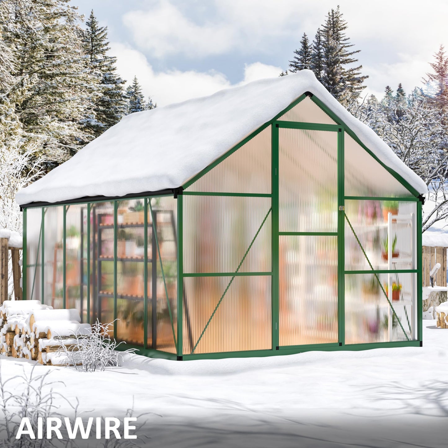 AirWire 8×12 FT Walk-in Greenhouse for Outdoors, Polycarbonate Greenhouse Kit with Roof Vent, Large Heavy Duty Green Houses for Outside Backyard Patio Garden, Green