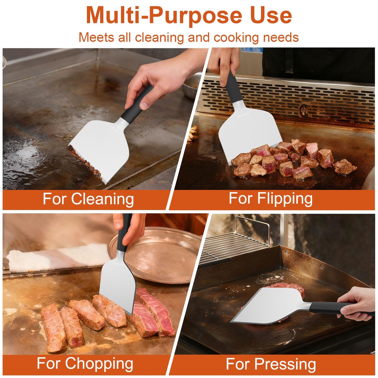 POTWIY Heavy Duty Griddle Scraper, 5.3" Wide, Sharp Stainless Steel Scraper with Full Tang Silicone Handle, Great BBQ Cleaning Tool for Flat Top Grill & Griddle Cleaning Accessories (1 Pack, Large)