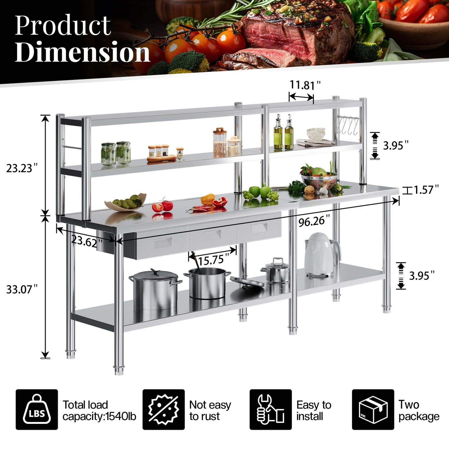 Jocisland 96"x24" Stainless Steel Work Table with Overshelves, 2/3 Drawers, Adjustable Shelf & Hooks, Food-Grade Stainless Steel Heavy-Duty Prep Station for Commercial Kitchen, Restaurant, or Garage