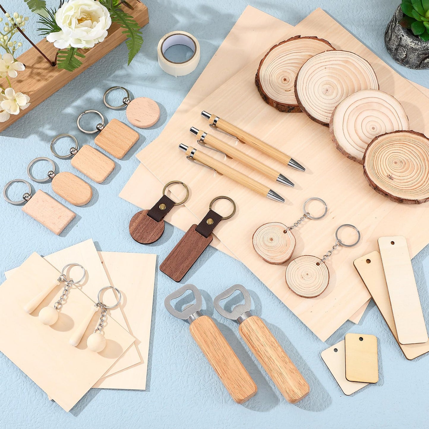 Briwooody 100 Pcs Laser Material Kit Engraving Blanks Wooden Keychains Blanks Set Laser Cutting Materials Unfinished Wooden Engraving Key Tag Ring for DIY Gifts Crafting Cutters