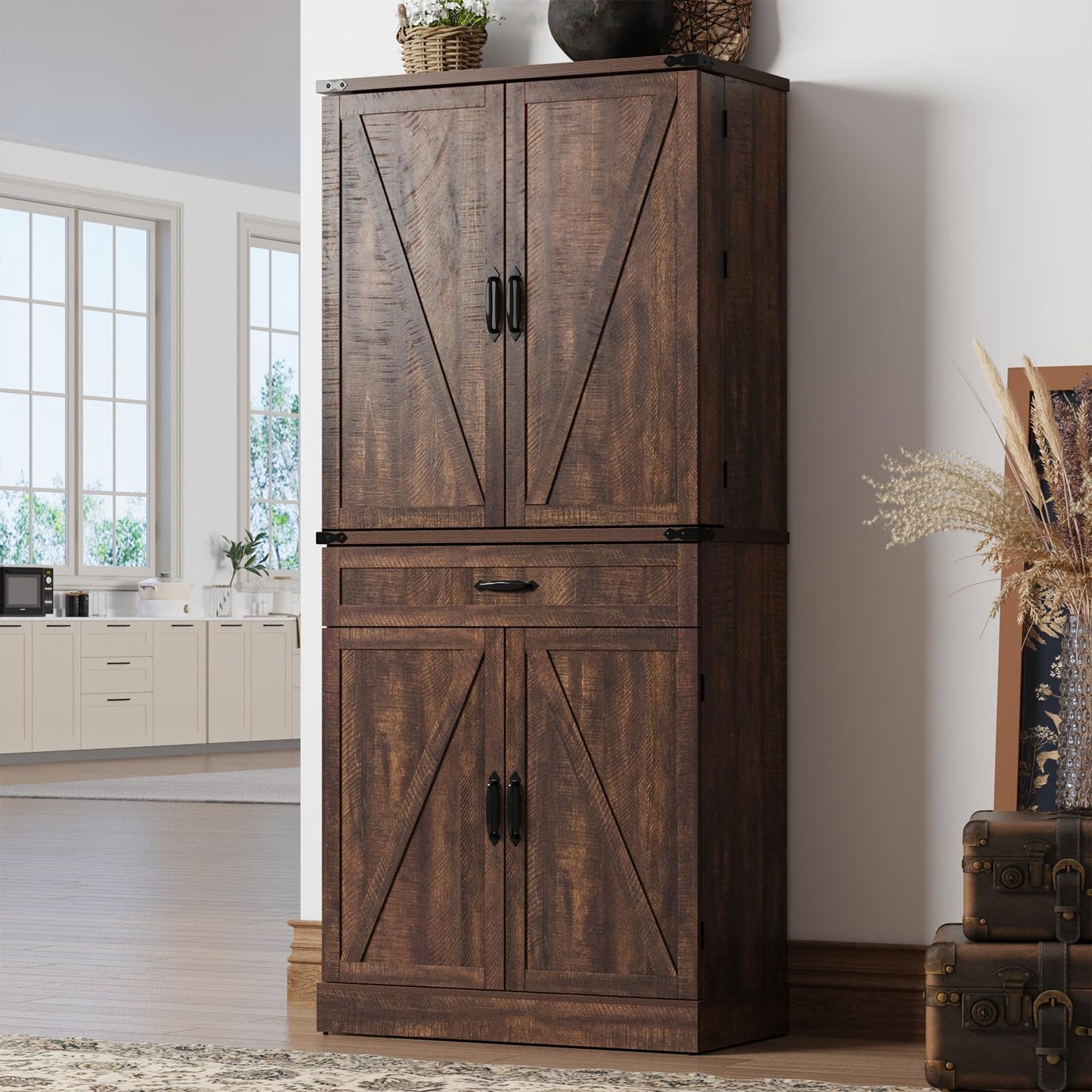 71" Tall Kitchen Pantry Cabinet with 3 Drawers,Farmhouse Storage Cabinet with 6 Barn Door Shelves,with Load-Bearing Steel Pipe and Adjustable Shelves,Pantry Organizer for Kitchen,Living Room(Brown)
