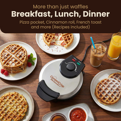 Elite Gourmet Belgian Waffle Maker with PFAS-Free CeramiCrisp™ Ceramic Nonstick Plates, Adjustable Browning Control, 1100W Heating, Power & Ready Indicator Lights, Vertical Storage, Stainless Steel