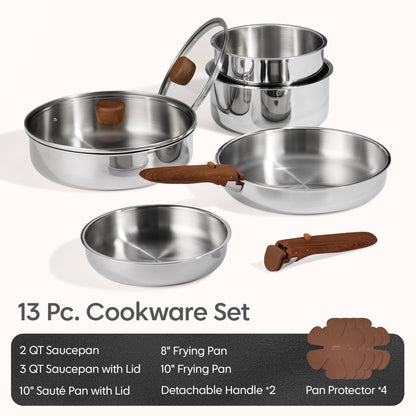 CAROTE 13 PCS Tri-Ply Stainless Steel Cookware Set with Detachable Handle, Pots and Pans Set, Induction Kitchen Cooking Sets, RV/Camping Cookware, Oven Safe