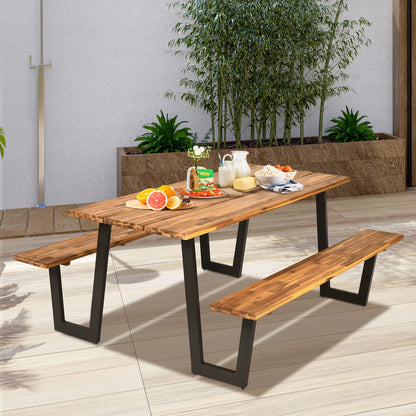 HOMGX Picnic Table, 6 Ft Dining Table with 2 Umbrella Hole, Table Bench Set with Heavy-Duty Metal Frame, Acacia Wood Picnic Table for Outdoor, 6-8 Person, Patio, Lawn, Party, Garden, Natural & Black