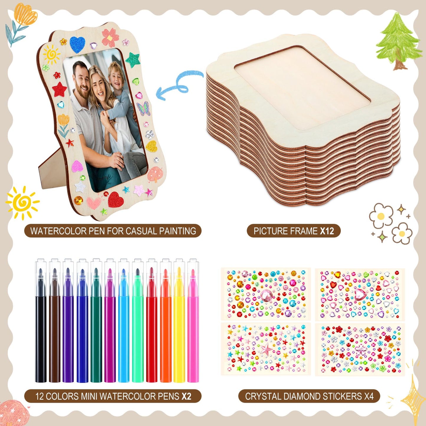 Yalikop 12 Pack Wooden Picture Frames Painting Craft Kit with Stickers DIY Wood Craft Picture Frames Bulk for 4" x 6" Photos Unfinished Standing Photo DIY Crafts for Birthday Mother's Day Gift
