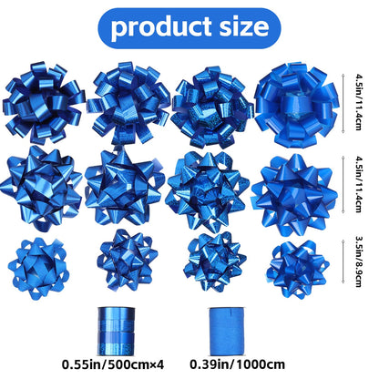 14 Pcs Gift Bows Assortment - Assorted Size Gift Bows and 2 Crimped Curling Ribbons, Perfect for Christmas, Holiday, Party (Blue)