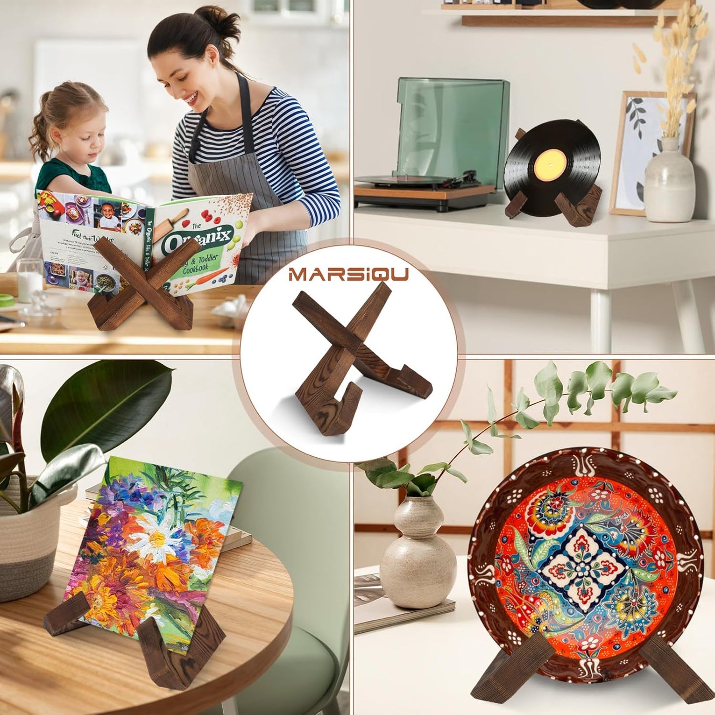 Wooden Cookbook Display Stand Holder, Adjustable and Foldable Rustic Wood Design for Kitchen Countertops and Recipes