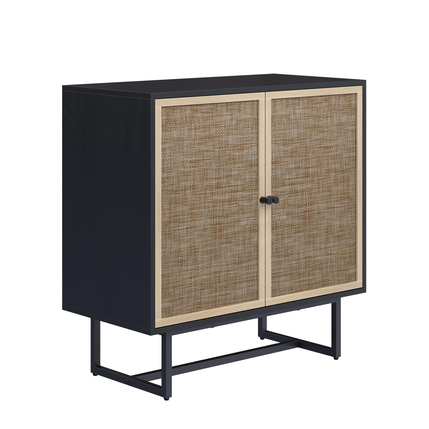 Nathan James Kova Rattan Wood Accent Sideboard Storage Cabinet TV Stand with Matte Metal Frame, Adjustable Shelves and Cane Doors, for Hallway, Entryway or Living Room, Black Oak/Cane, Set of 3