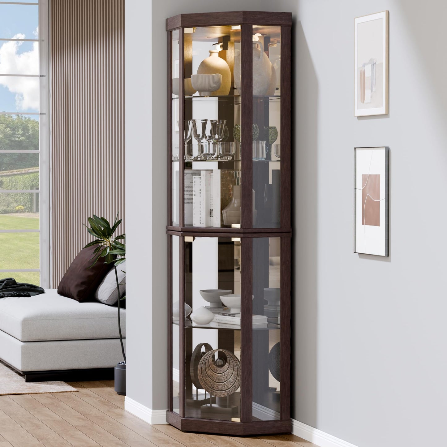 Topcomfy Corner Curio Cabinet, Lighted 3-Side Glass Display Curio Cabinet with Tempered Glass Doors & Adjustable Shelves, Wine Bar China Cabinet with Bulb for Living Room (Dark Cherry)