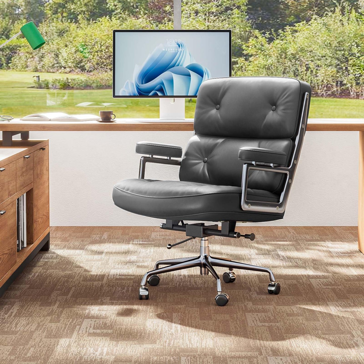 Genuine Leather Office Chair, Mid Back Executive Desk Chairs with Aluminum Arms and Wheels, Swivel Office Leather Chair with Thickened Backrest and Ergonomic Lumbar Support, Black