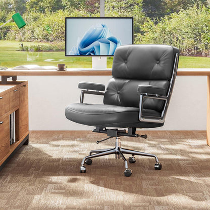 Genuine Leather Office Chair, Mid Back Executive Desk Chairs with Aluminum Arms and Wheels, Swivel Office Leather Chair with Thickened Backrest and Ergonomic Lumbar Support, Black