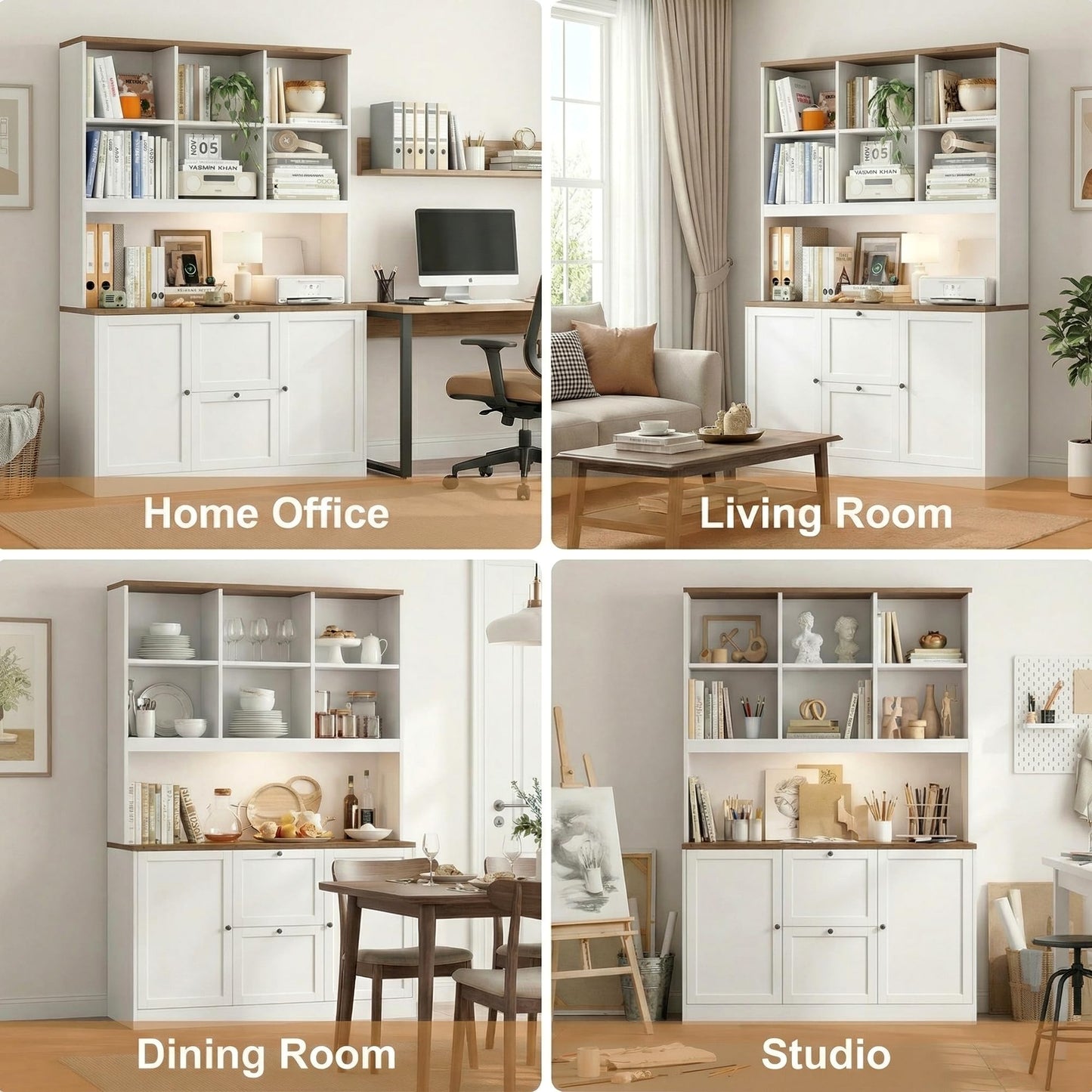 HIFIT 72'' Tall File Bookcase with Power Outlet & Printer Stand, 2 Drawer Filing Cabinets for Home Office Fit Hanging A4 File, Storage Cabinet w/ 3 Tier Open Book Shelf & Doors for Living Room, White