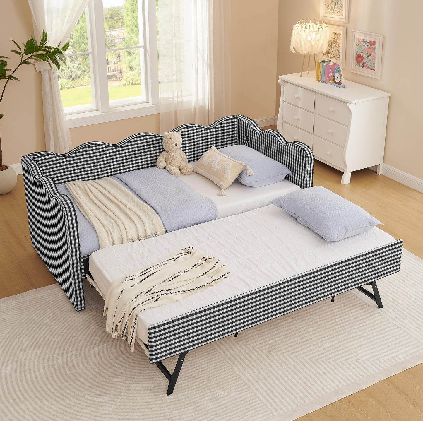 PVWIIK Twin Size Upholstered DayBed with Trundle and USB for Adult,Kids,Bedroom,BedFrame w/Linen Adorable Wave Shaped, Black