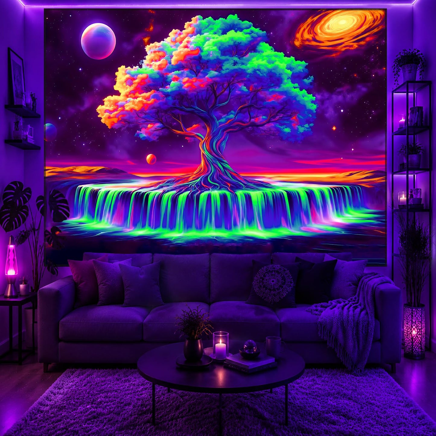 KKYEJLQYI Tree of Life Blacklight Tapestry 79"x 59" with Hanging Kit - Trippy UV Reactive Wall Hanging, Glow in the Dark Sacred Cosmic Nature Tapestry, Hippie Boho Witchy Decor for Bedroom Yoga Meditation