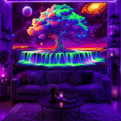 KKYEJLQYI Tree of Life Blacklight Tapestry 79"x 59" with Hanging Kit - Trippy UV Reactive Wall Hanging, Glow in the Dark Sacred Cosmic Nature Tapestry, Hippie Boho Witchy Decor for Bedroom Yoga Meditation