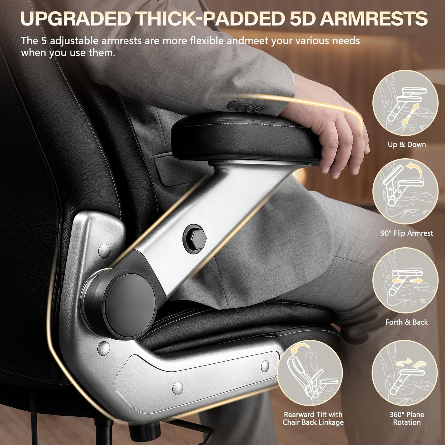 650LBS Big and Tall Office Chair with 5D Flip Arms and Thick Pocket Spring Cushion, Extra Wide Heavy Duty Office Chair & Adjustable Lumbar Support, Large High Back Computer Chair Dual Rubber Wheel