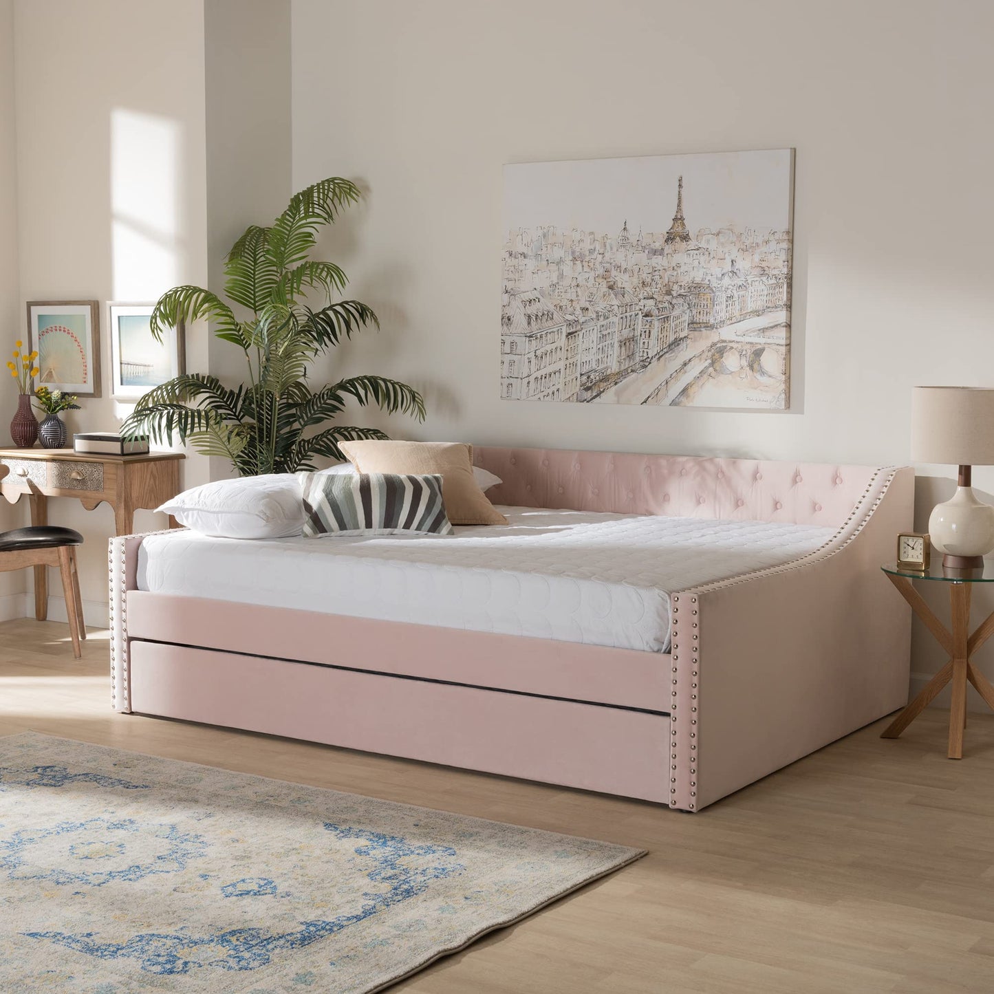 Baxton Studio Raphael Modern and Contemporary Pink Velvet Fabric Upholstered Full Size Daybed with Trundle