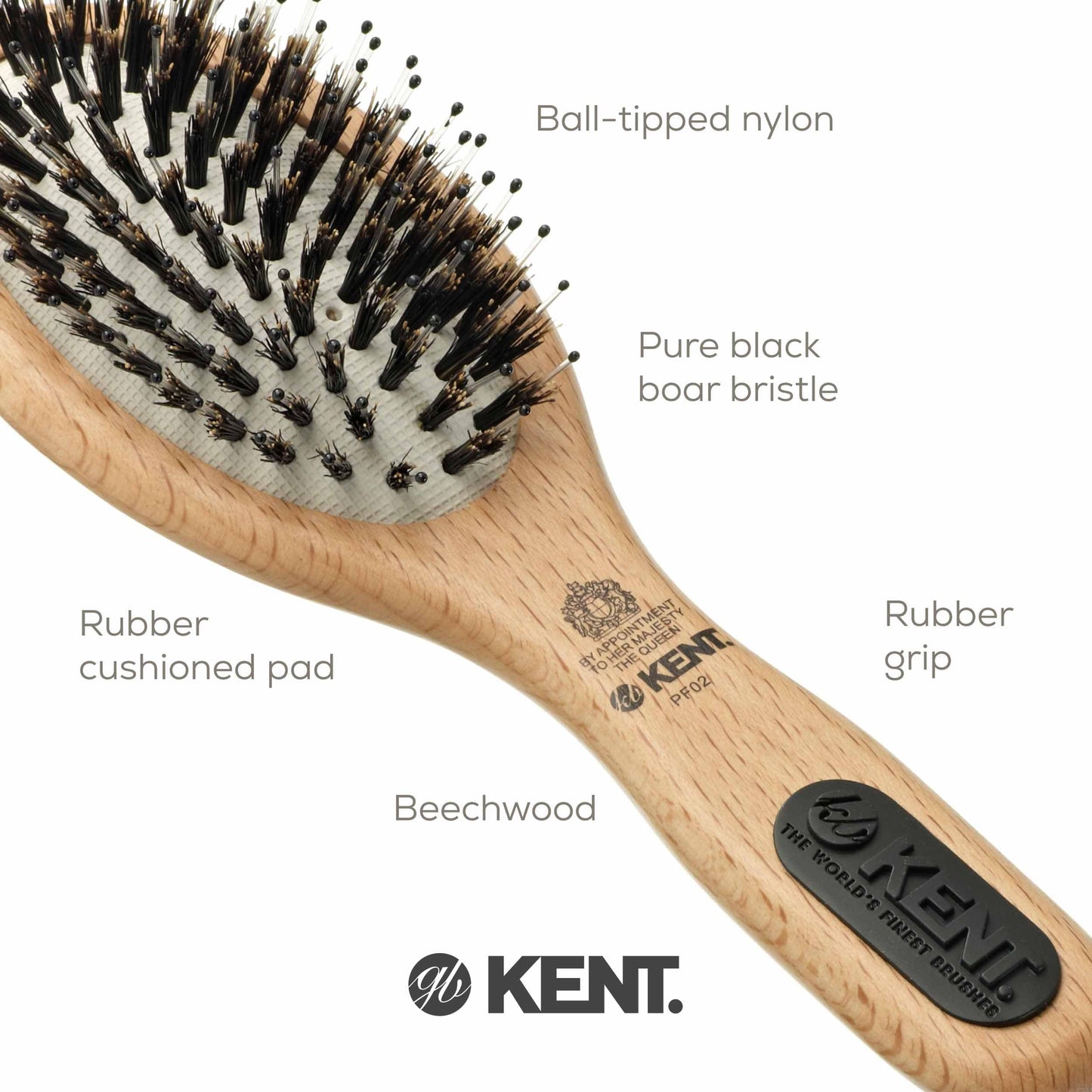 Kent PF01 Large Cushion Detangler Brush, Boar Bristle and Non-Scratch Nylon Mix Hairbrush for Straightening Smoothing. Oval Wood Paddle Detangling Hair Brush for Medium to Long Hair, Made in England