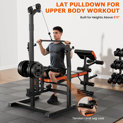 9-in-1 Adjustable Olympic Weight Bench with Lat Pulldown, Row, Squat Rack & Leg Curl – Multi-Function Strength Training Bench Press for Home Gym Full Body Workout (9 in1 Olympic Weight Bench)