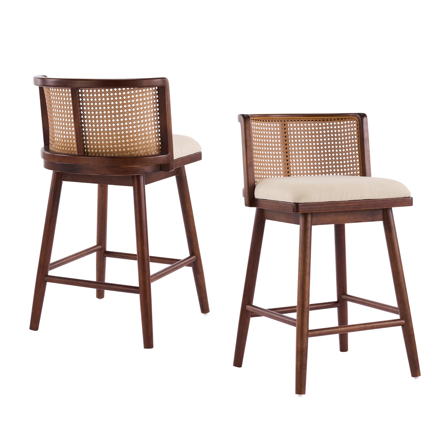 Christopher Knight Home Aphe Counter Height Bar Stools Set of 2, Fabric Upholstered Bar Stool for Kitchen Island, Rubberwood Counter Stools with Woven Rattan Backrest, Beige + Dark Walnut
