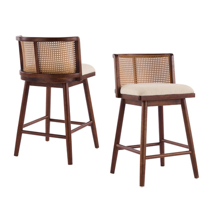 Christopher Knight Home Aphe Counter Height Bar Stools Set of 2, Fabric Upholstered Bar Stool for Kitchen Island, Rubberwood Counter Stools with Woven Rattan Backrest, Beige + Dark Walnut