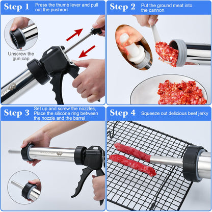 WILDDIGIT Professional Beef Jerky Gun Kits, Stainless Steel Jerky Maker, Jerky Cannon, Meat Gun with 5 Stainless Nozzles and 5 Brushes