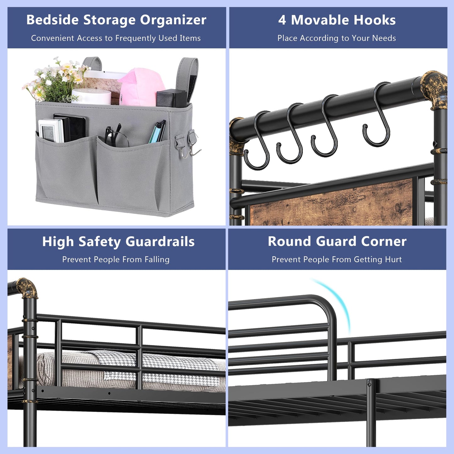 Jocoevol Metal LED Bunk Bed Twin Over Twin with 2 Storage Drawers, USB Charging Station, Industrial Bunkbeds Heavy Duty Bed with Safety Guardrail and Ladder, No Box Spring Needed, Vintage Brown