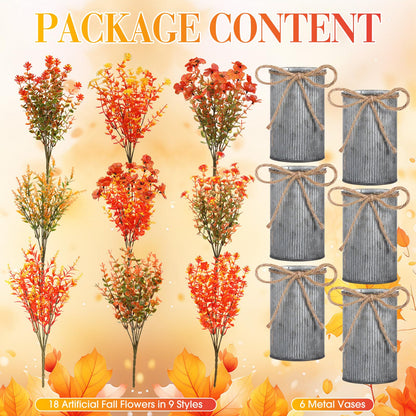 Zeyune 6 Sets Artificial Fall Thanksgiving Centerpiece for Tables Faux Fall Plants with Galvanized Pots Farmhouse Artificial Orange Autumn Flowers Bouquet for Wedding Home Office Rustic Decor