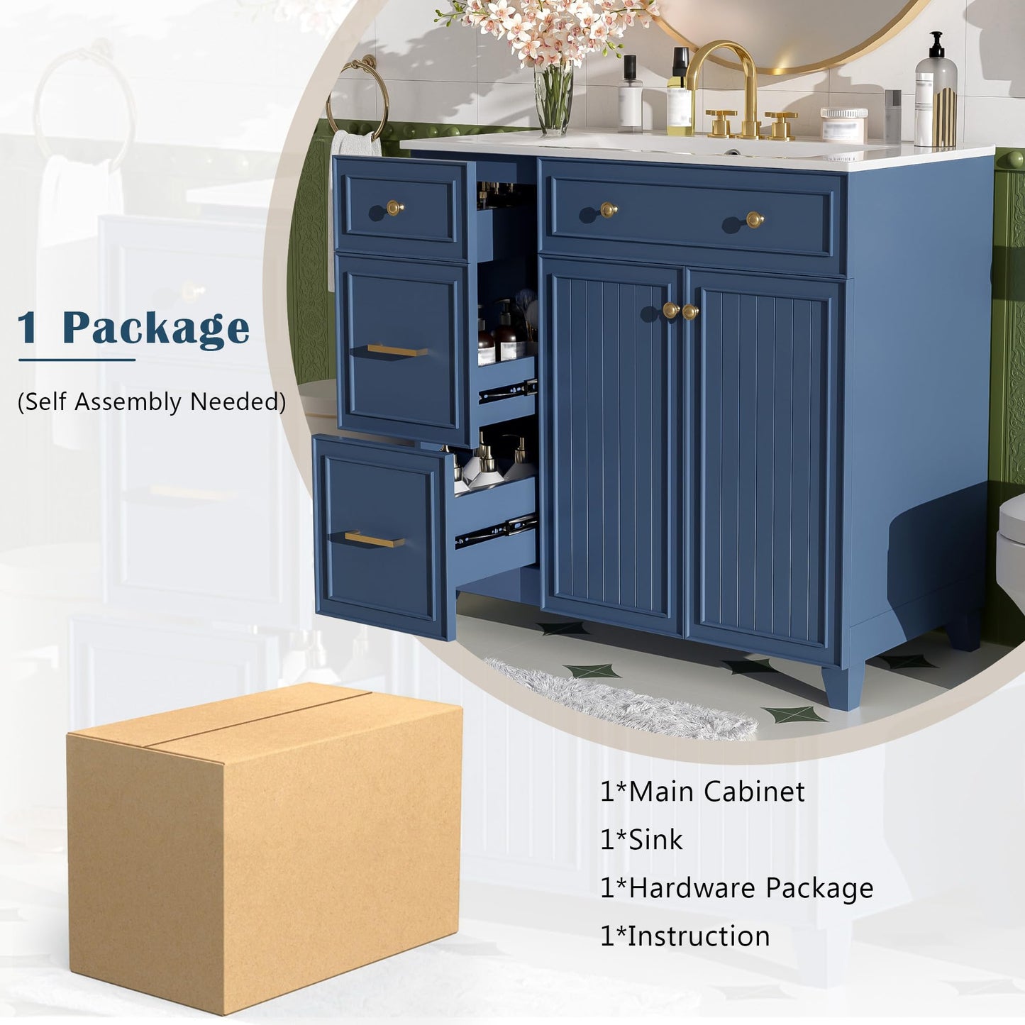 Favfurish 36" Bathroom Vanity with Ceramic Sink Combo,Free Standing Cabinet with Double-Layer Drawers and 3 Drawers,Solid Wood Bathroom Storage with Soft Close Doors,Adjustable Shelf,Modern,Blue