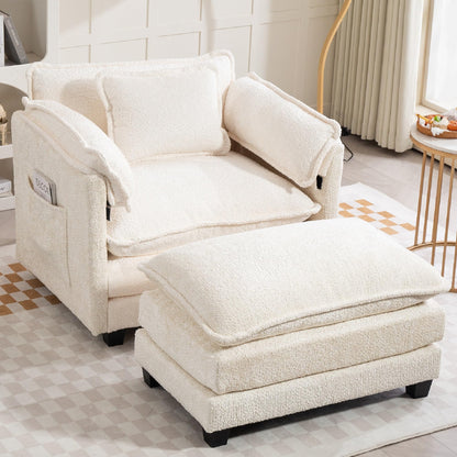 KEIKI Boucle Oversized Lounge Chair, Cozy Reading Chair with Storage & Ottoman, 40" W Modern Accent Chair W/Double Deep Cushion, Upholstered Armchair Seating for Living Room, Bedroom, Beige