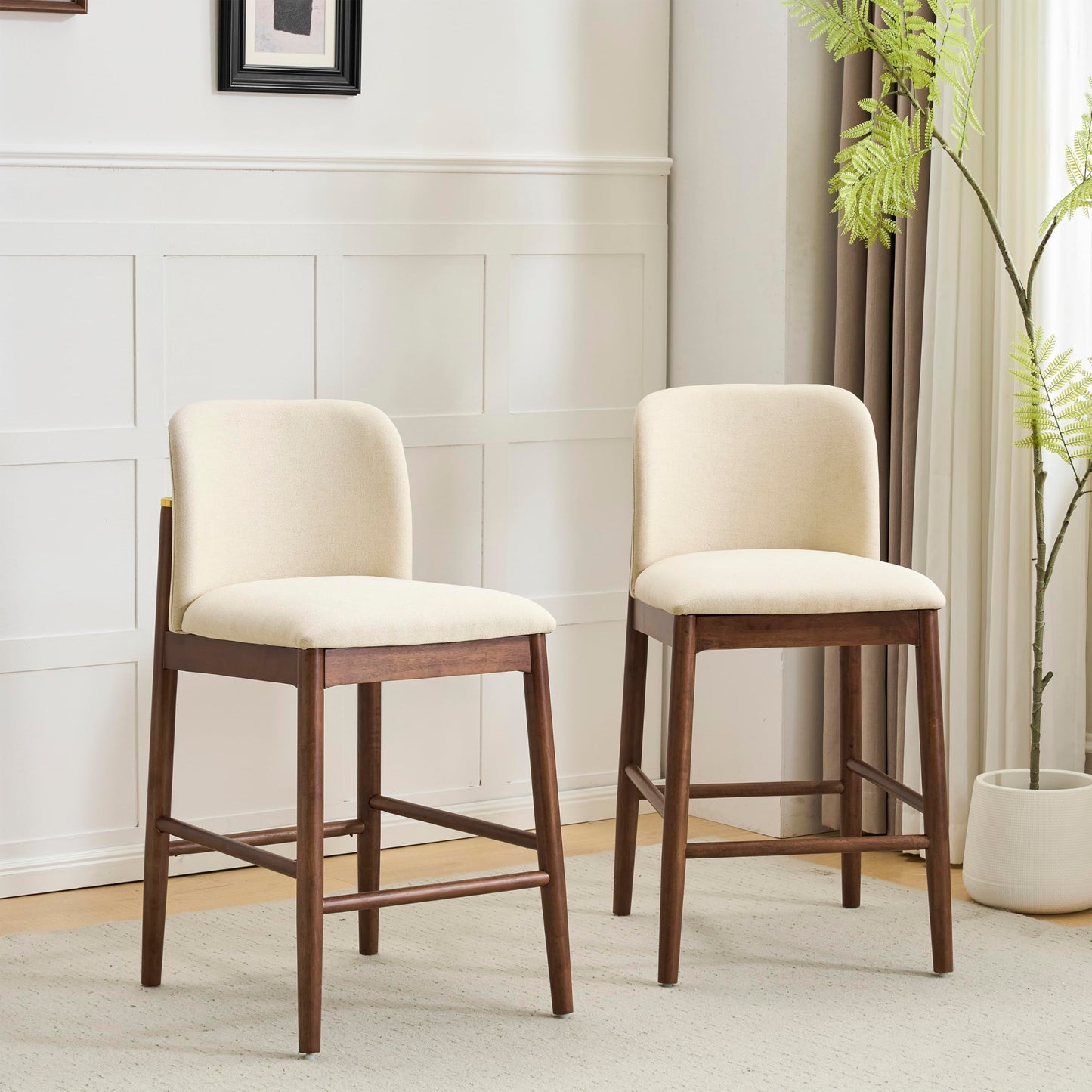 Christopher Knight Home Yumi Counter Height Bar Stools Set of 2, Fabric Upholstered Bar Stool for Kitchen Island, Armless Rubberwood Counter Stools with Solid Backrest + Footrest, Beige + Dark Walnut