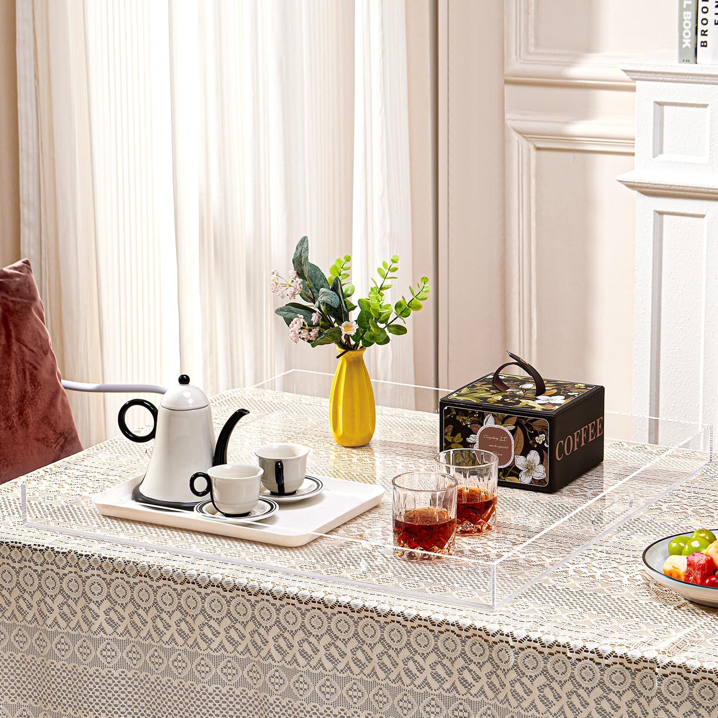 24×24 inches Oversized Clear Acrylic Ottoman Tray Extra Large Decorative Tray Spill-Proof Serving Trays with Handles King-Size Safe Edge Organizer for Coffee Table Countertop Breakfast