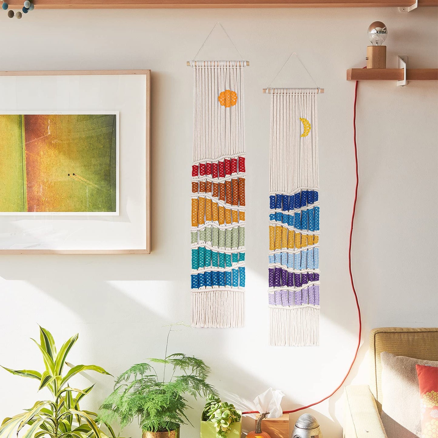 Boho Macrame Wall Hanging Decor Set, 2PCS Southwest Bohemian Handmade Woven Sun&Moon Mountain Geography Tapestry with Long Tassel, Gypsy Rainbow Ornament for Nursery Decoration Girl Christmas Gift