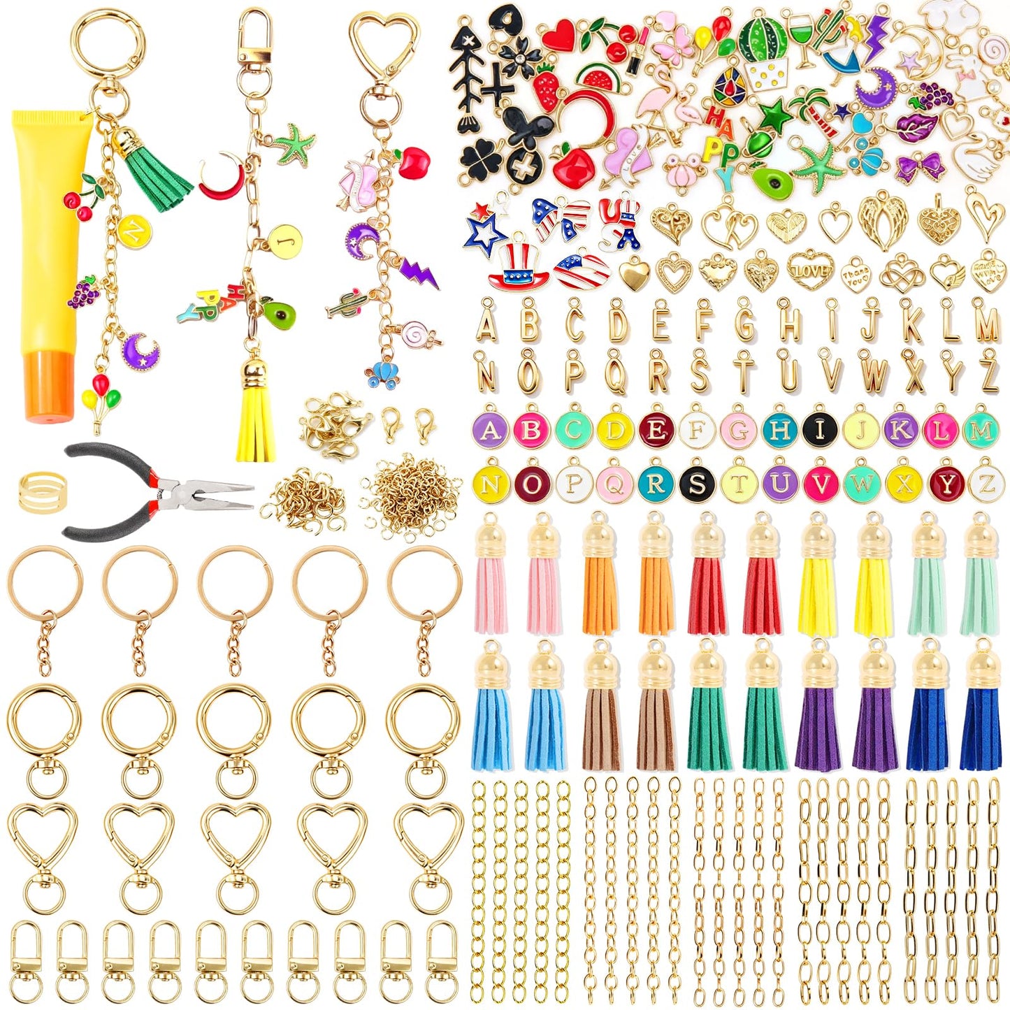 LOIKMIUP 440Pcs Keychain Making Kit, DIY Craft Supplies with Charms, Keychain Tassels, Keychain Clip Hooks, Jump Rings, Key Rings, Extender Chains & Tools for DIY Crafting