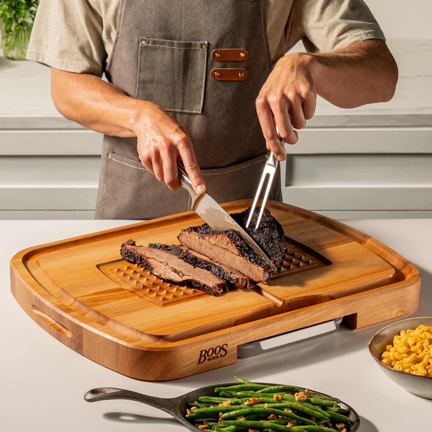 John Boos Maple Wood Cutting Board, 24”x18” – 2.25” Thick, 31-lb Reversible Wooden Butcher Block with Catch Pan, Sloped Juice Groove, Edge-Grain & Finger Grips - Carving Series