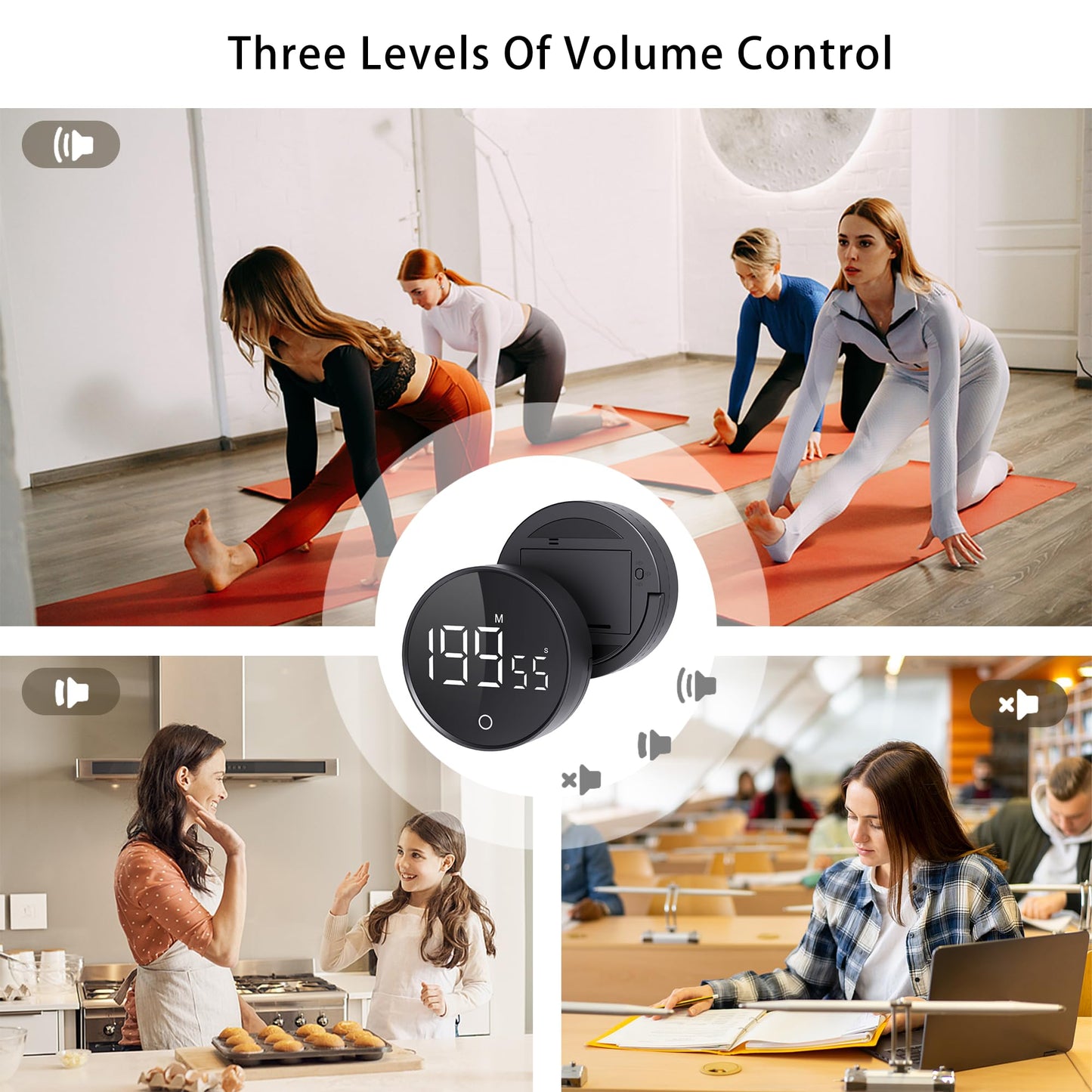 RZASL Digital Kitchen Timers, Magnetic Rotary Timer with Large LED Display, 3 Volume Levels, 0-199Min Countdown/Up, Easy Operation for Cooking, Studying, Fitness, Kids & Seniors