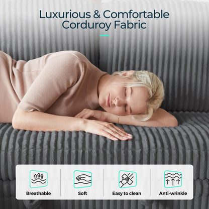 LINSY Home Sleeper Sofa Couch with Storage Chaise & USB Charging, Convertible Sectional Pull Out Sofa Bed with Plush Corduroy Fabric, Modular Sectional Couches for Living Room Apartment (Grey)